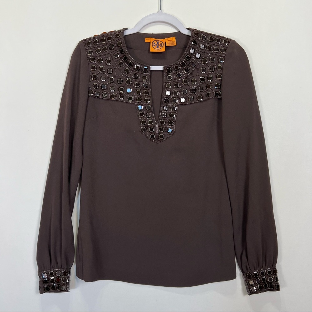 Tory Burch Embellished Long Sleeve Tunic Blouse Womens 2 Dark Brown